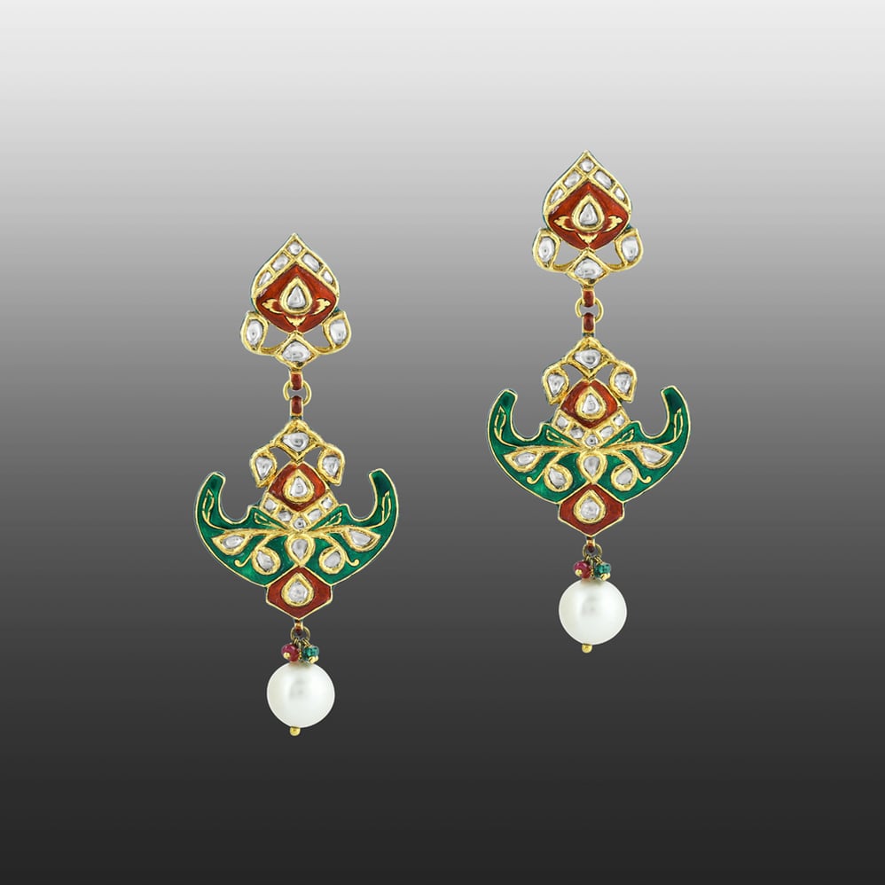 Polki Earrings with Green-Red Enamel, Floral Motif and Pearls